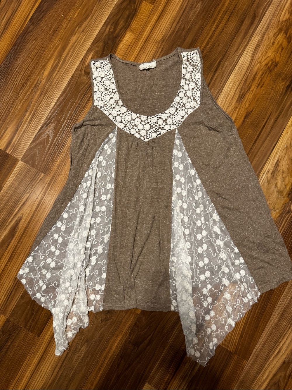 A'Reve Brown Tank with White Lace Inset